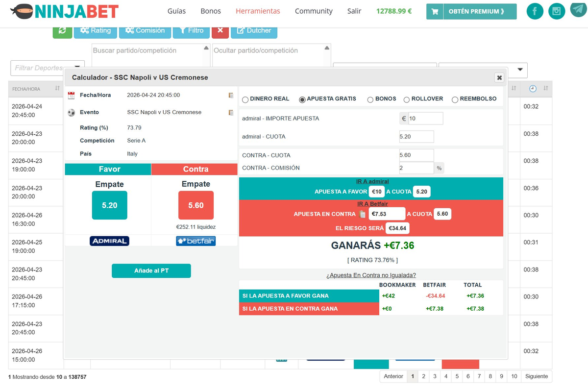 Free-Bet-Rechner zeigt Gewinn von +7,36€ bei Napoli vs Cremonese Spiel