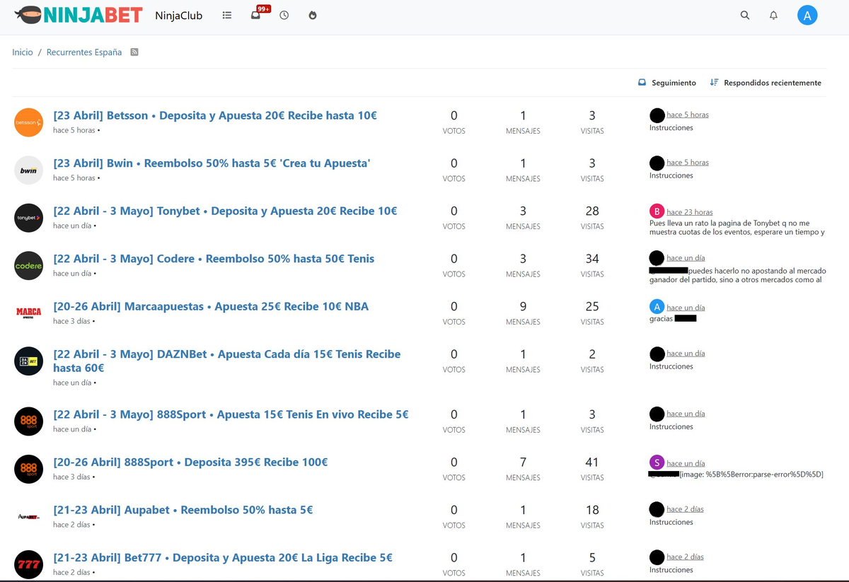 NinjaBet-Forum Angebote Liste: Betsson, Bwin, Tonybet, Codere, Marcaapuestas, etc.